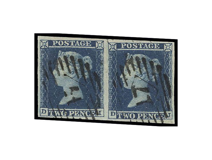 2 d. blue, plate 4, horizontal pair DE-DJ, cancelled by London type "17", wide margins, very fine, opinion Louis BPP