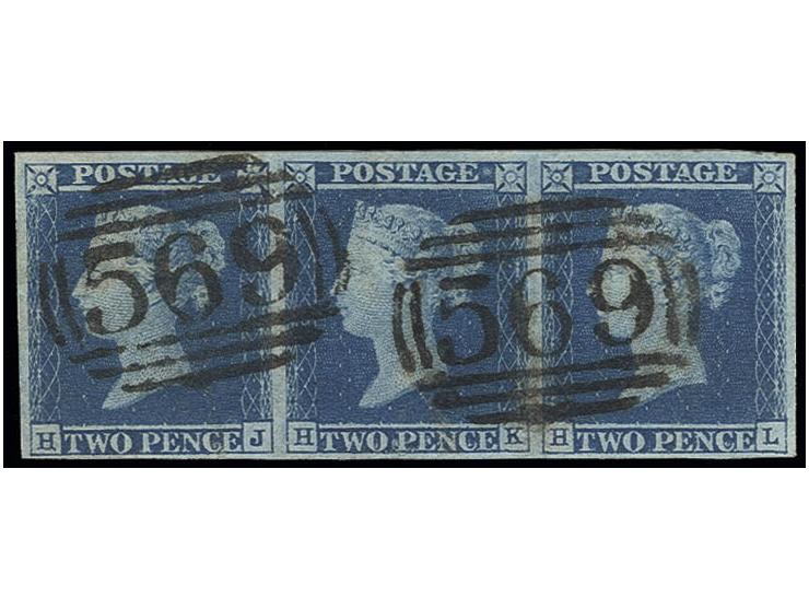 2 d. blue, plate 3, horizontal strip of 3, HJ-HL, with 2 clear full strikes of numeral "569" NORTHALLERTON, extremely fine, c