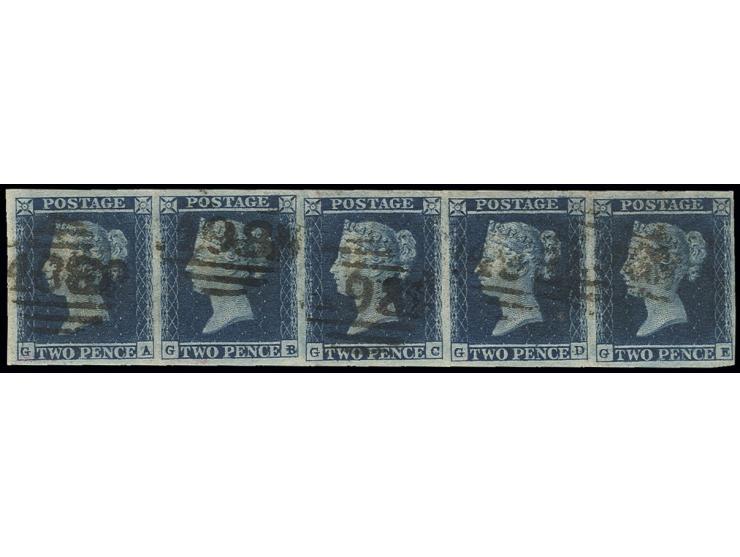 2 d. blue, nice deep colour, horizontal strip of 5 GA-GE, good to mostly wide margins, cancelled by numeral "498", very fine,