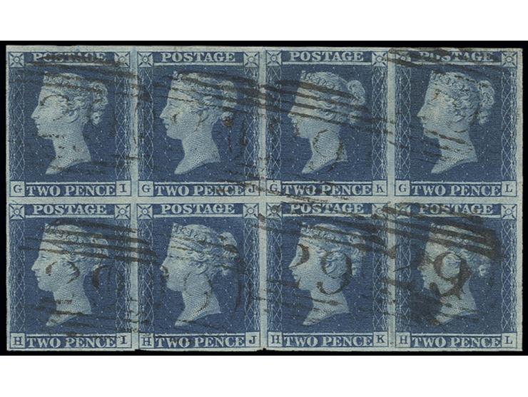 2 d. blue, plate 3, horizontal block of 8, GI-HL, full to wide margins, lightly cancelled, some minor imperfections, a fine a