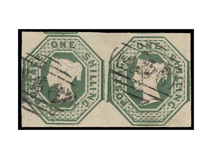 1847/54, 1 sh. deep-green, horizontal pair with large margins, small parts of 2 adjoining stamps, lightly cancelled "466", ex