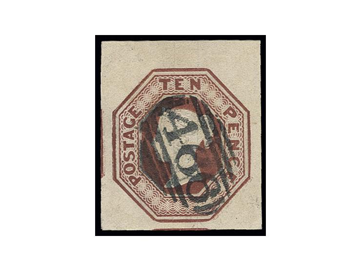 10 d. brown, nice colour and enormous margins with parts of 2 adjoining stamps, neatly cancelled "466" LIVERPOOL, slight brea