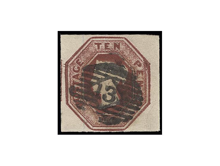 10 d. brown, good to large margins, cancelled with central "13" of London, slight paper break in the margin of embossing, sti