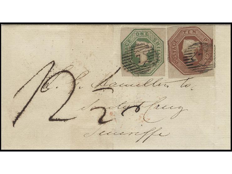 10 d. brown and 1 sh. green, both with wide to very wide margins, cancelled by clear numeral "7" to lettersheet of 30.10.1852