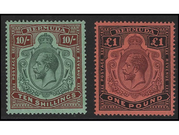 Bermuda: 1918/22, wmk mult. crown CA 1 £ purple and black on red, unhinged mint and 10 sh. green and carmine on pale bluish-g
