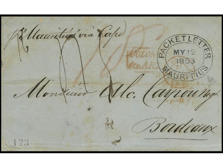 1853, "PACKETLETTER MAURITIUS MY 18 1853" on triple rate lettersheet via the Cape of Good Hope to Bordeaux with red boxed "CO