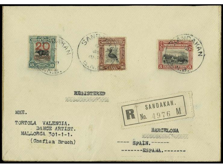 Northborneo: 1925/28, 16 c. with 8 c. and 20 c. on 18 c. on registered cover from "SANDAKAN 12 JUL. 1930" to Barcelona with a