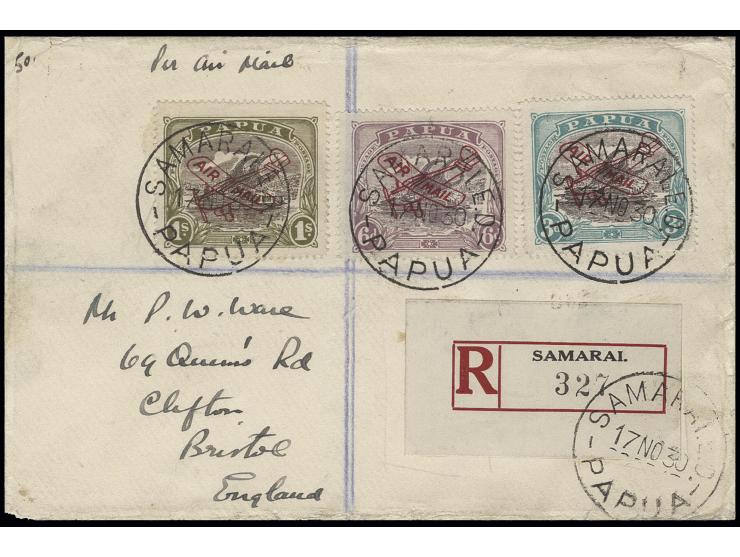 Papua: 1930, airmail 3 d.-1 sh. cpl., cancelled "SAMARAIE 17. NO. 30" on registered airmail cover to GB