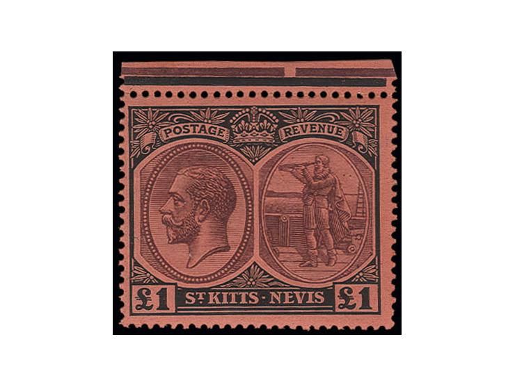 St. Kitts-Nevis: 1820/22, 1 £ purple and black on red, copy from the top sheet margin, unhinged mint, very fine
