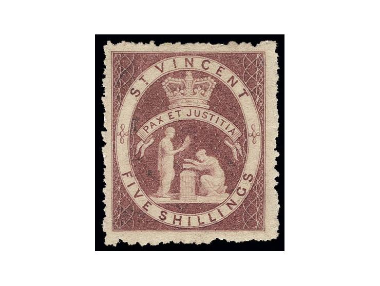 St. Vincent: 1880, 5 sh. rose-red, unused o.g., very fine and fresh (SG £ 1.000,-)