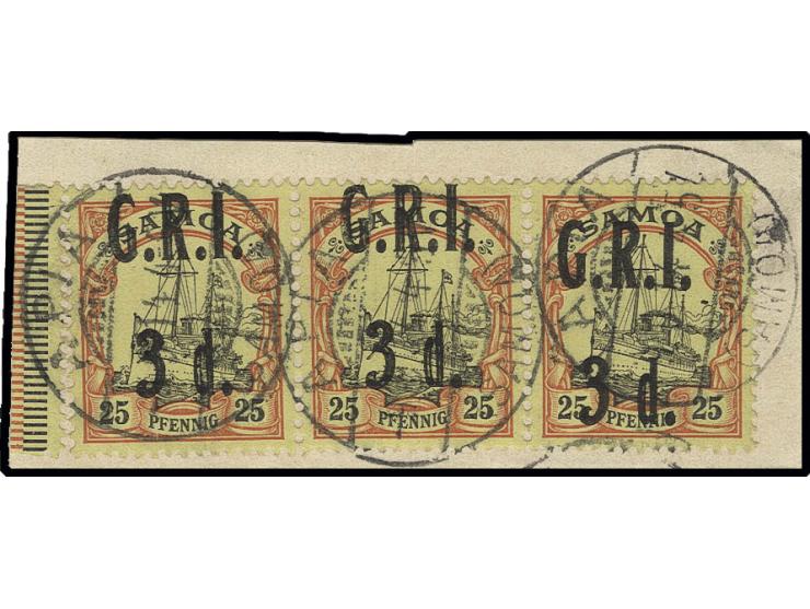 Samoa: 3 d. on 25 pfg. vertical strip of three, the right stamp with 3mm shifted downwards surcharge, tied by cds. "APIA -9.9