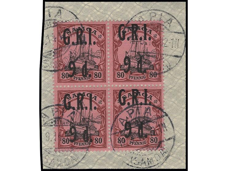 9 d. on 80 pfg. block of four, the right stamps with 2mm shifted upwards surcharge, tied by cds. "APIA 12.9.14" to small piec