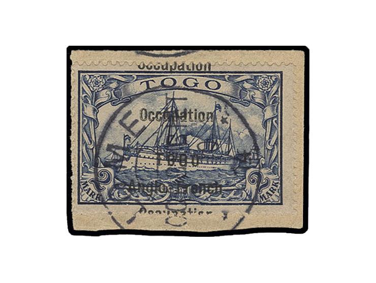 2 m. blue with double overprint, tied by clear cds. "LOME 1.10.14" to piece, very fine. This is the right stamp of the pair i