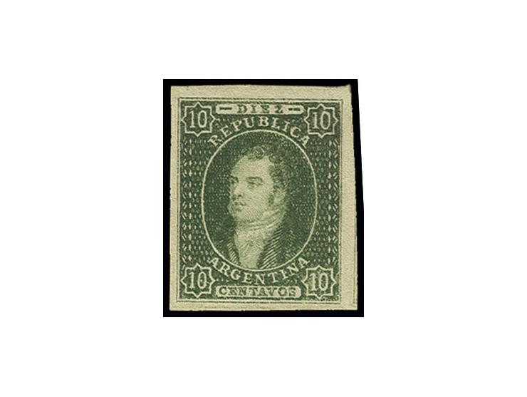 1864/67, Rivadavia imperforated with watermark: 10 c. green, very fresh with large to enormous margins, unused without gum, e