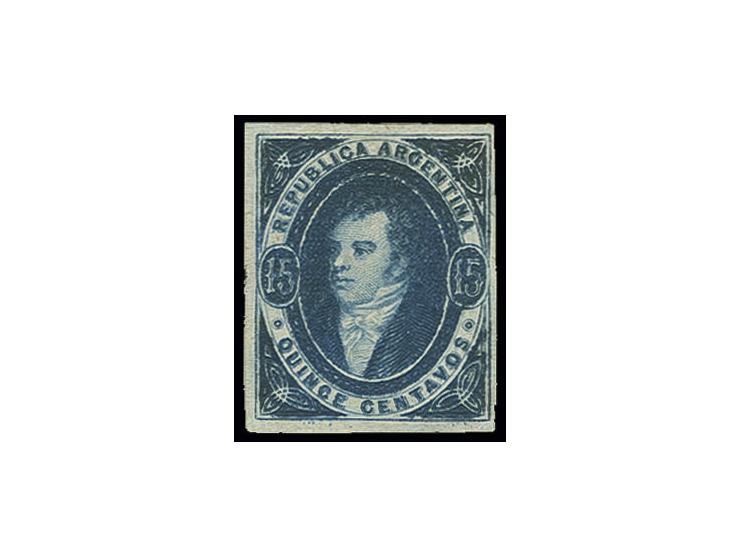 1867/72, Rivadavia without watermark: 15 c. blue, good to wide margins and fresh colour, unused without gum, very fine, sign.