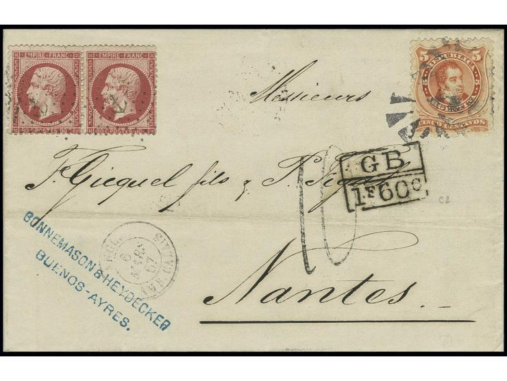 1868, 5 c. vermilion, tied by mute postmark to entire letter to France with combination franking Napoléon perforated 80 c. ro