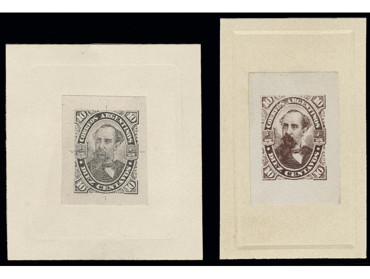 1888, Avellaneda 10 c., die proofs in black and brown, mounted on cards