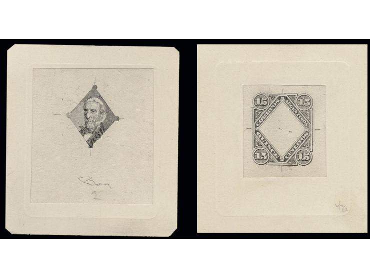 San Martin 15 c., die proofs of centre and frame, mounted on card