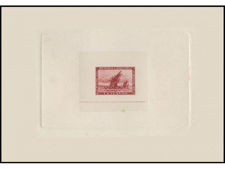 1890, Fleet of Columbus 5 c., essay in red with imprint of the Southamerican Banknote Co., mounted on sunken card, also offic