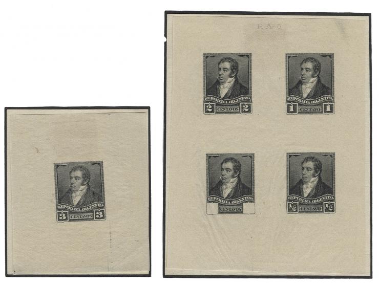 1892/97, Rivadavia, combined proof of ½ c., 1 c., 2 c. and one stamp without value tablets in black on India, also single die