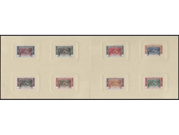 1910, Centenary of Revolution, 8 bicoloured essays 'Reading the Constitution' without value tablets, all with frames mounted 
