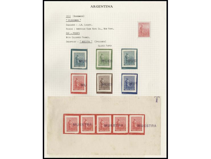 1911, Labrador 5 c., 6 different colour die proofs with coloured frames, also similar proofs in red in block with 5 copies, a