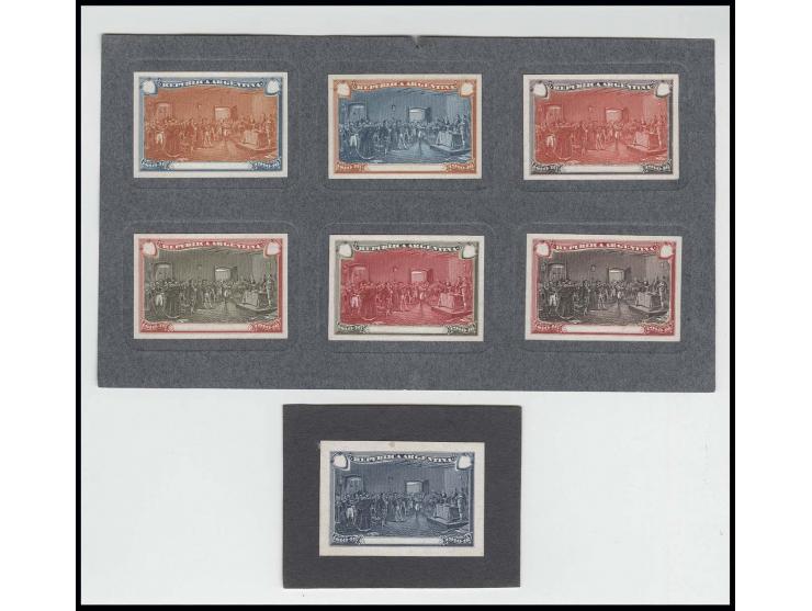 1916, Centenary, 1 unicolour and 6 bicoloured essays without value, on thick glazed card, mounted in embossed frames, the sin