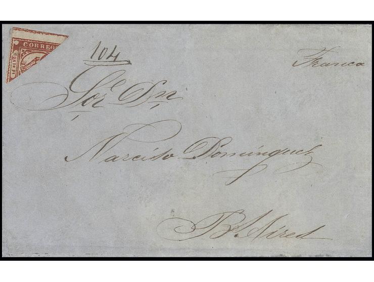 Buenos Aires: 1858, CUATO Ps vermilion, diagonal bisect, upper left half with good to wide margins, showing part of sheet mar