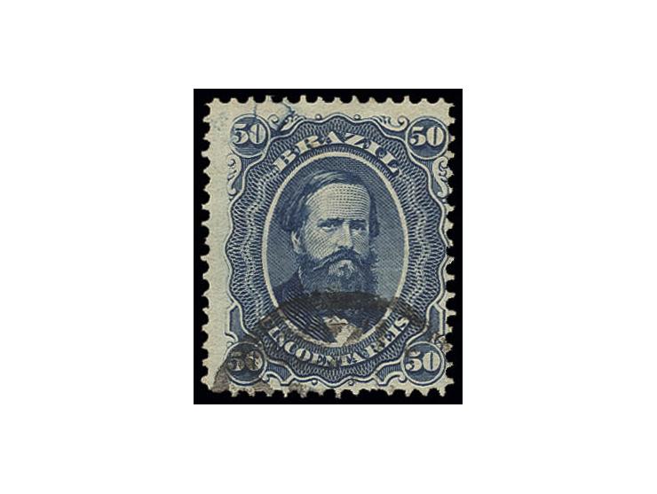 1866, Pedro 50 r. blue, cracked plate, used, fine