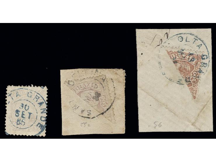 1882, Pedro II, 200 r. brown-rose and 200 r. rose-lilac bisected on two pieces, minor stains, otherwise fine
