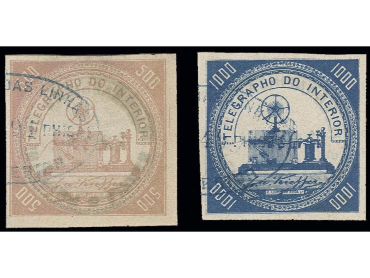 Telegraph stamps: 1869, 500 r. rose and 1000 r. blue, good margins all around, used, 500 r. with minor spots, otherwise fine 