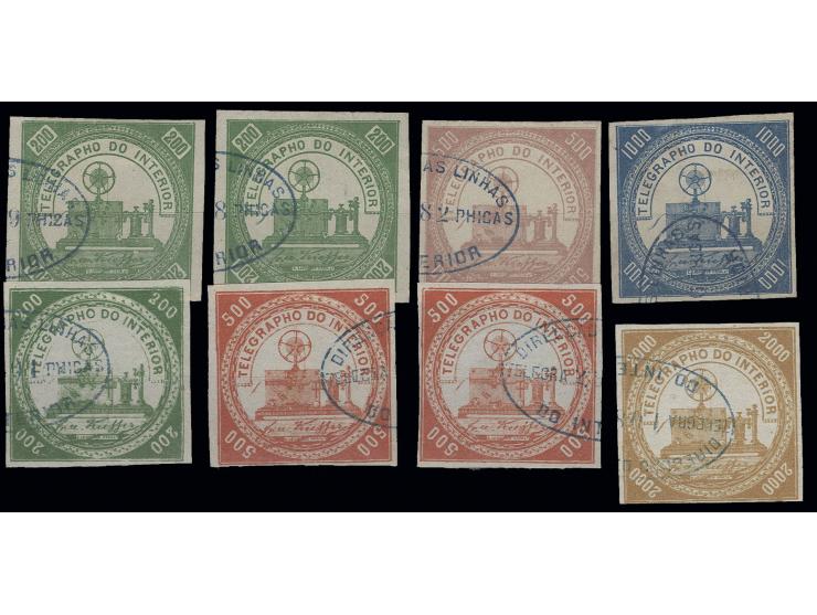 1871/1873, Telegraphenmarken, 8 gestempelte Prachtstücke von 200 R. bis 2000 R., 2 Wertstufen doppelt vorhanden, sonst alle v