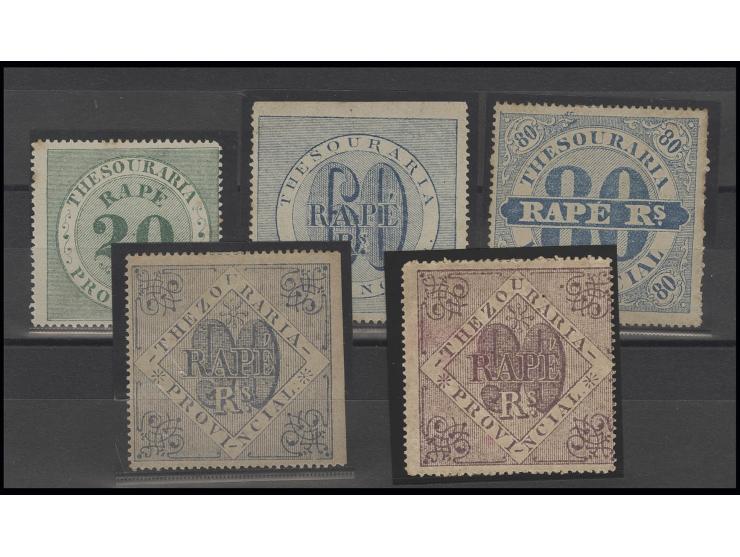 FISCAL STAMPS BAHIA: 1884: 20 r. green, 60 r. and 80 r. blue and 90 r. violet and dark blue, unused without gum, toned and so