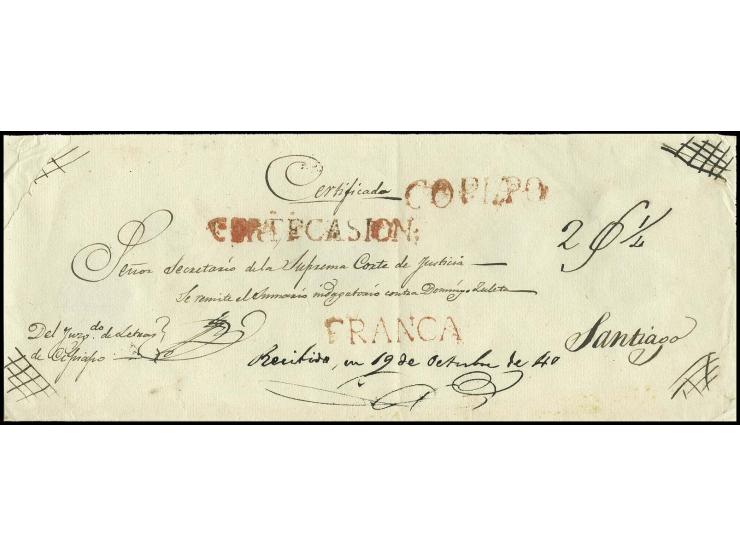 1840, registered cover with fine strike of first type "COPIAPO" handstamp in red with adjacent "FRANCO" and "CERTIFICASION" i