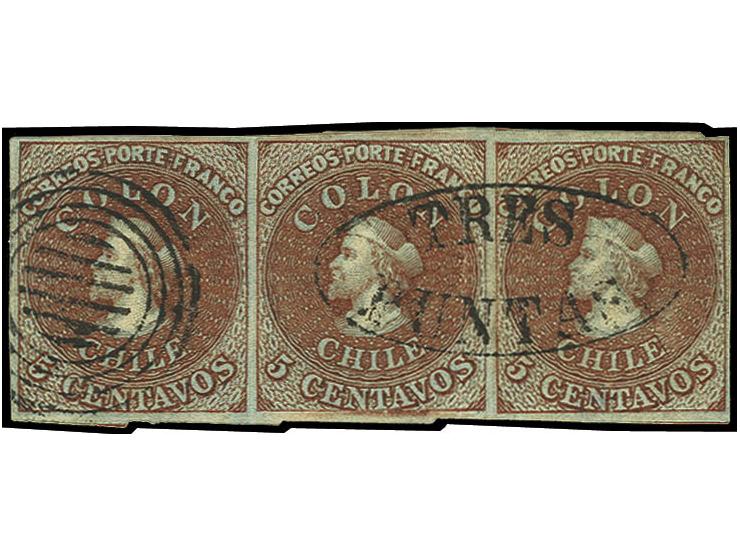 1855, 2nd London printing: 5 c. brown red on blued paper, horizontal strip of three with normal to good margins all around, v