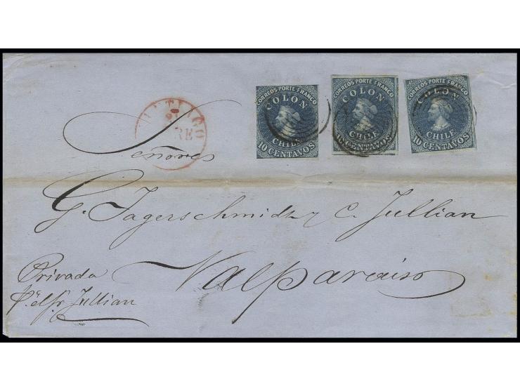 1854, Desmadryl 10 c. blue, 3 copies including one with extremely large margins, tied to lettersheet from "SANTIAGO 21 OBRE" 