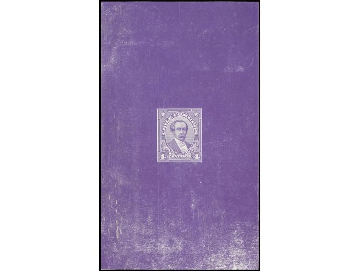 1915, unuissued Balmaceda 4 c. violet, lithographed die proof on chromo carton paper (74x126mm) , very scarce, fine