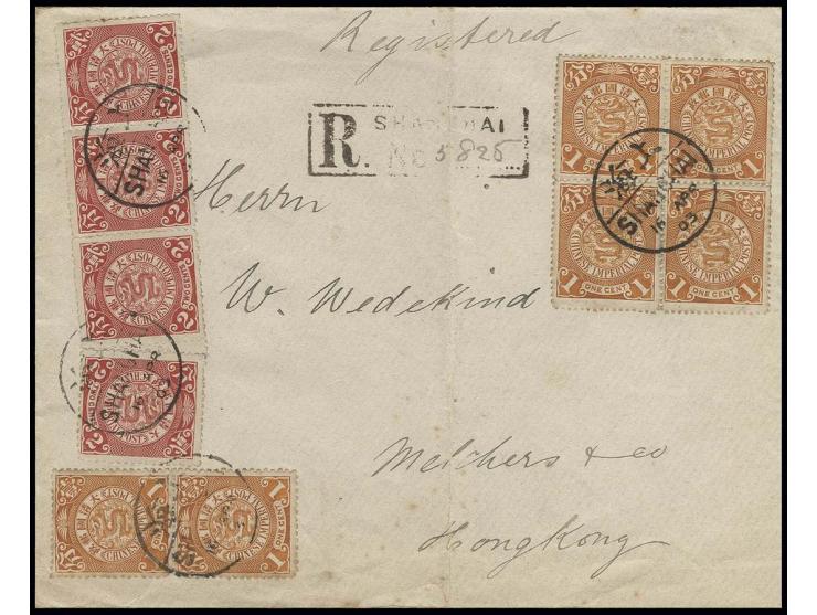 1902/08, 1 c. ocre (6) and 2 c. red (4) tied by cds. "SHANGHAI 16 APR. 03" to registered envelope to Hong Kong with arrival m