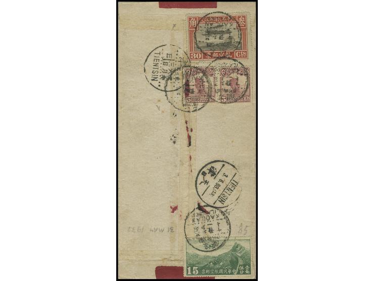 1929, airmail 30 c. with additional franking tied to red band cover from Kaolan 1933 to Tientsin