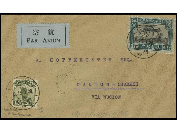 1931, 1st flight Canton-Wuchow-Canton, cover with airmail 15 c. and Junk 4 c., opinion Holcombe