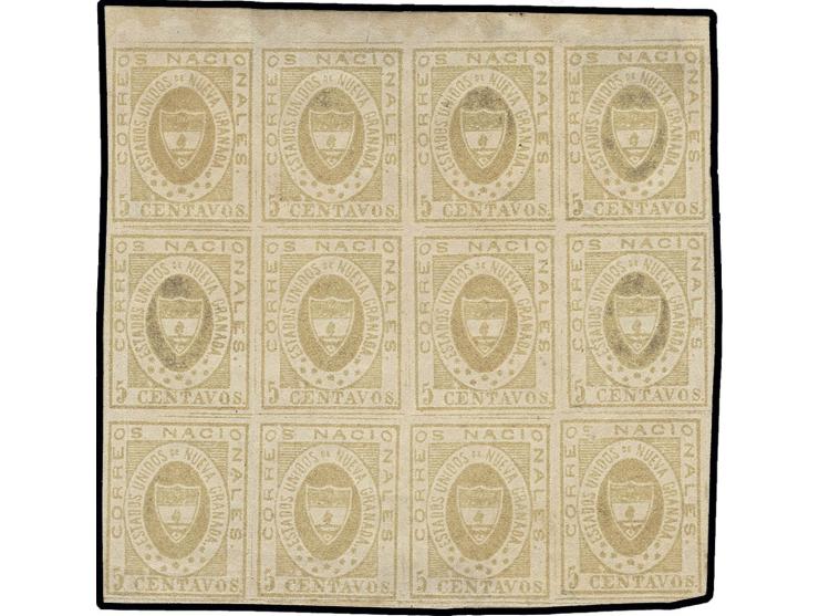 1861, Nueva Granada 5 c. yellow-buff, horizontal block of 12 with large margins all around, at top with sheet margin, unused 