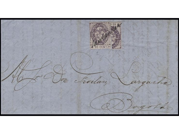 Columbian Airmail: 1865, 10 c. violet, vertical bisect and normal stamp, tied by manuscript "Santander" to entire letter 18.1
