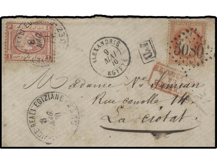 1867, 1 pia., tied by Suez cds. to cover front with combination franking France Napoléon Lauré 40 c., tied by GC "5080" of Al