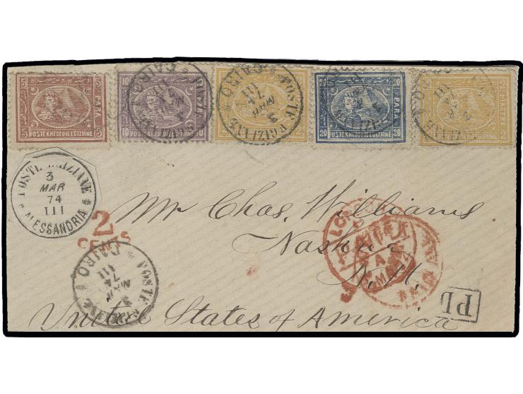 1872, Bulaq 5 pa. brown, 10 pa. violet, 20 pa. blue and 2 copies 2 pia. yellow, tied by cds. "POSTE EGIZIANE CAIRO 3 MAR 74" 