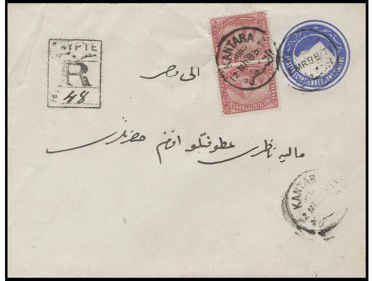 1884/1902, 20 pa. rose, vertical pair tied by cds. "KANTARA 12 MR 88" to envelope 1 pia. as registered cover to Cairo with ar