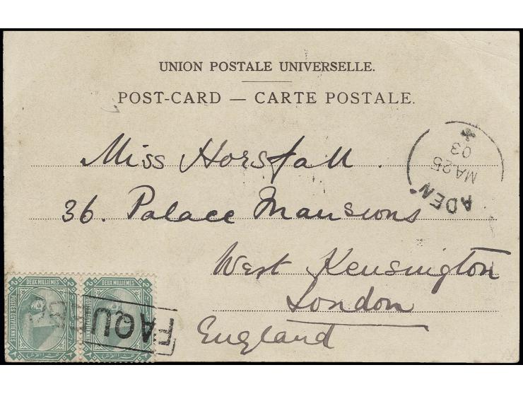 1888/1906, 2 m. green, vertical pair, tied by boxed "PAQUEBOT" with adjacent cds. "ADEN MA 25 03" to postcard to London