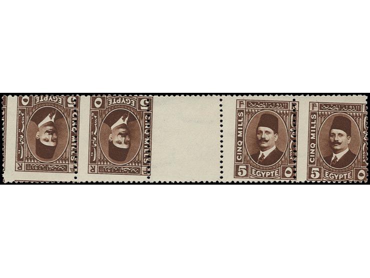 1927/33, Fuad 5 m. brown tête-bêche gutter strip of 4 with oblique perforation, unhinged mint, fine (Nile post D112m)