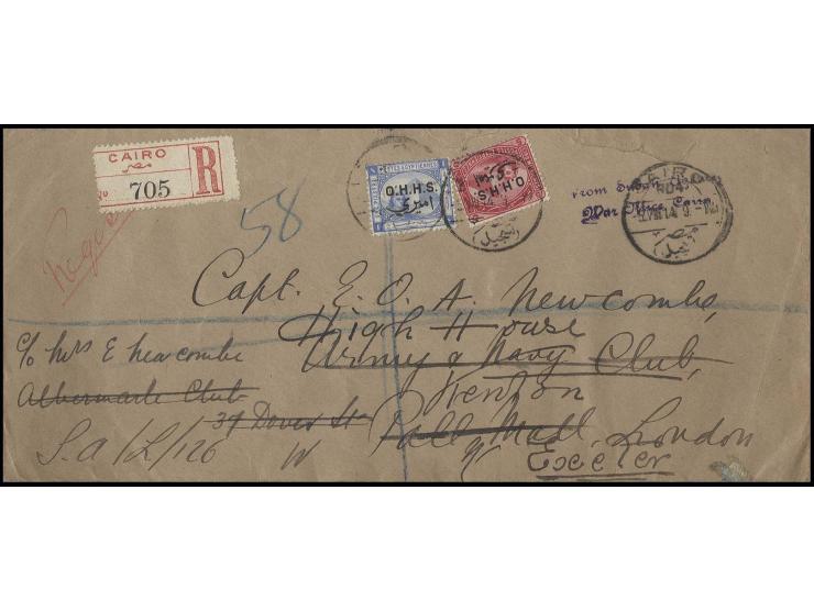 OFFICIAL STAMPS: 1907, 5 m. and 1 p. tied to registered envelope from "CAIRO 5.XIII.14" to England with transit and arrival m