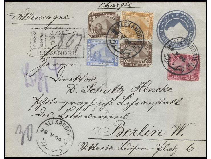 POSTAL STATIONERY: 1904, envelope 1 pia. with additional franking, cancelled "ALEXANDRIE 28.V.04" as registered cover to Berl