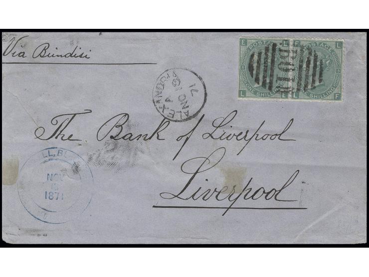 BRITISH POST: 1871, 1 sh. green, plate 5, horizontal pair, the left stamp with clipped perfs at left, with "P01" on envelope 